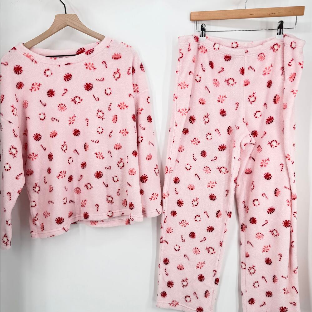 Joyspun Dreamy Soft Plush Pajama Set XL 16/18 Pink Peppermint Fleece Cozy - Picture 2 of 7
